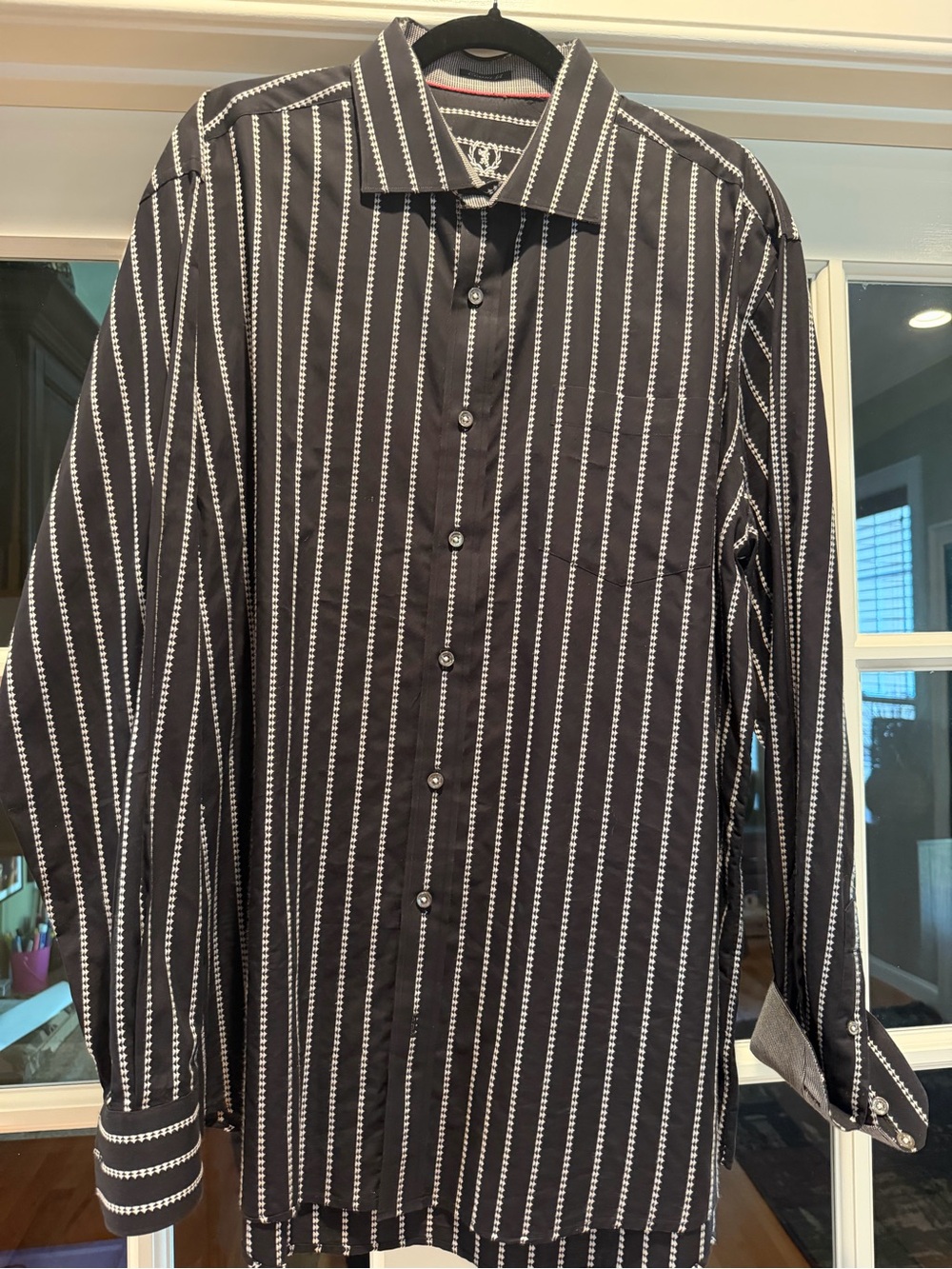 Bugatchi Black Shirt with White Vertical Stripe Pattern